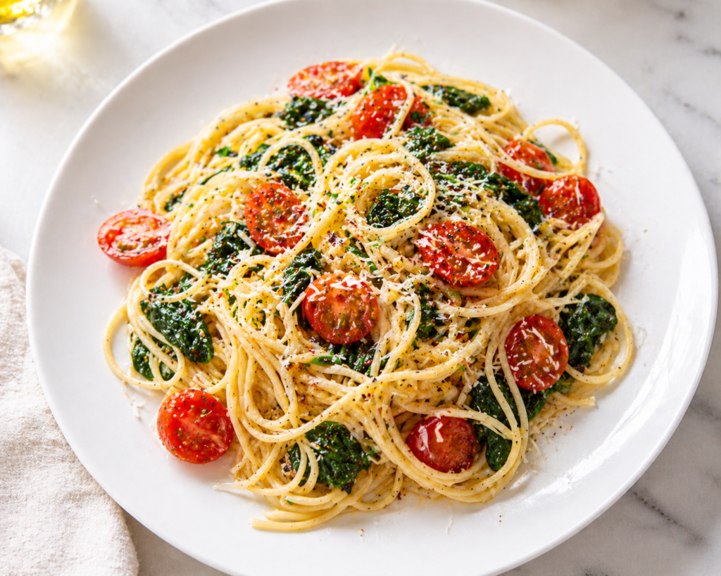 light spring pasta with tomatoes spinach and parmesan easy dinner recipe
