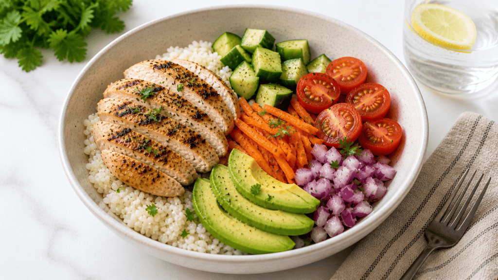 Healthy spring chicken salad with fresh vegetables and cherry tomatoes.