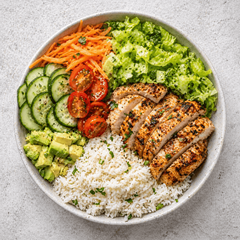 Fresh grilled chicken with mixed vegetables and rice in a healthy salad bowl.