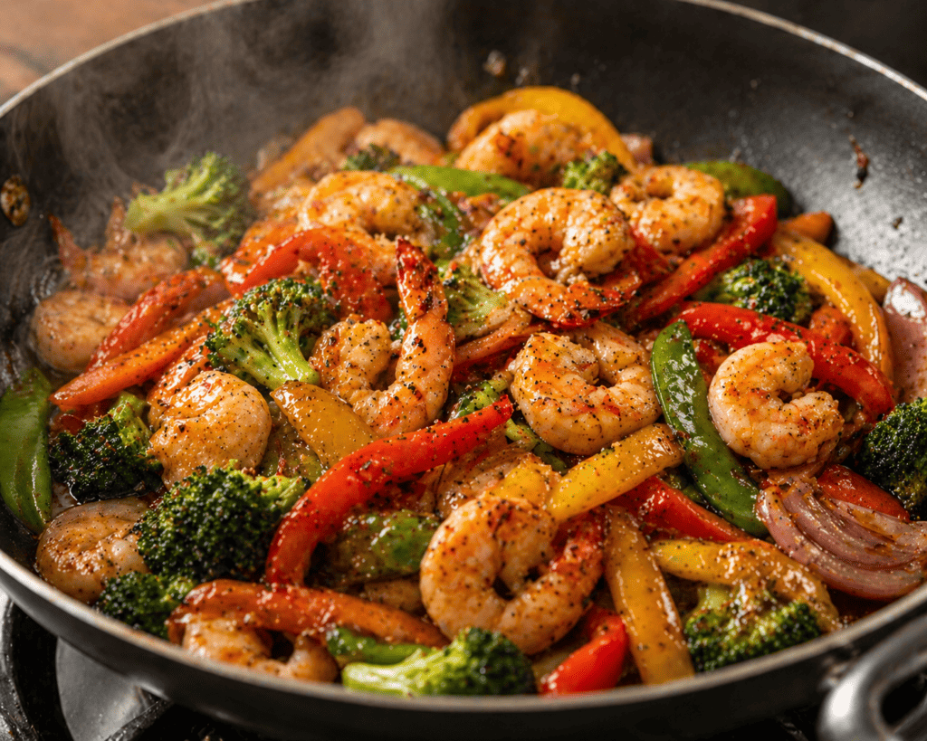 Healthy shrimp and colorful vegetables stir-fried for a quick spring dinner. Perfect for fresh, nutr.