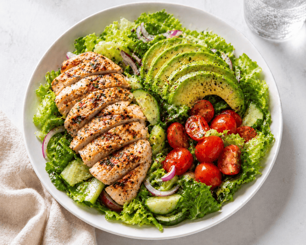 Healthy spring chicken and vegetable salad with cherry tomatoes, cucumbers, and avocado slices. Perf.