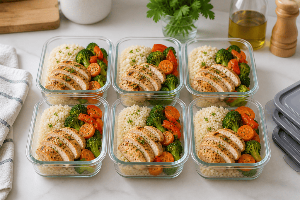 Healthy spring chicken salad with fresh vegetables and cherry tomatoes.