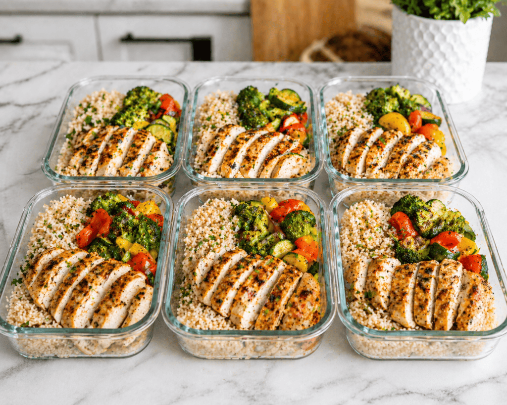 Healthy grilled chicken with quinoa and colorful vegetables in glass meal prep containers.