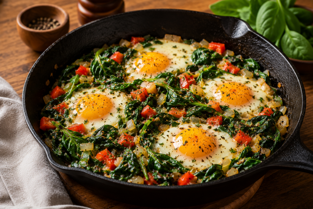 Rustic skillet breakfast with spinach and eggs