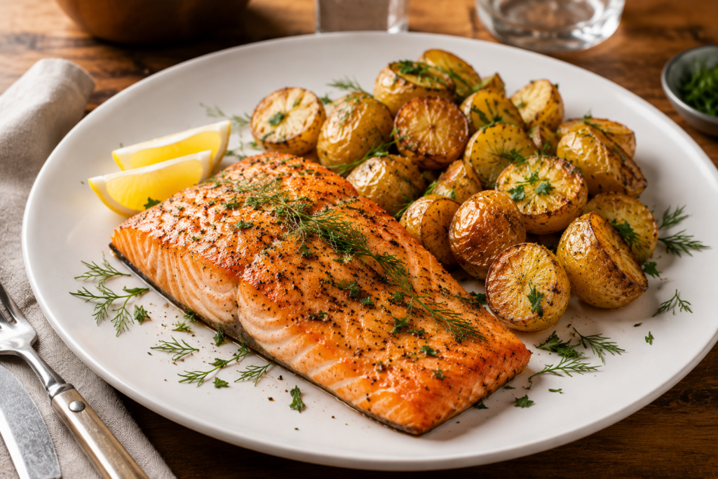 Salmon and roasted potatoes on wood