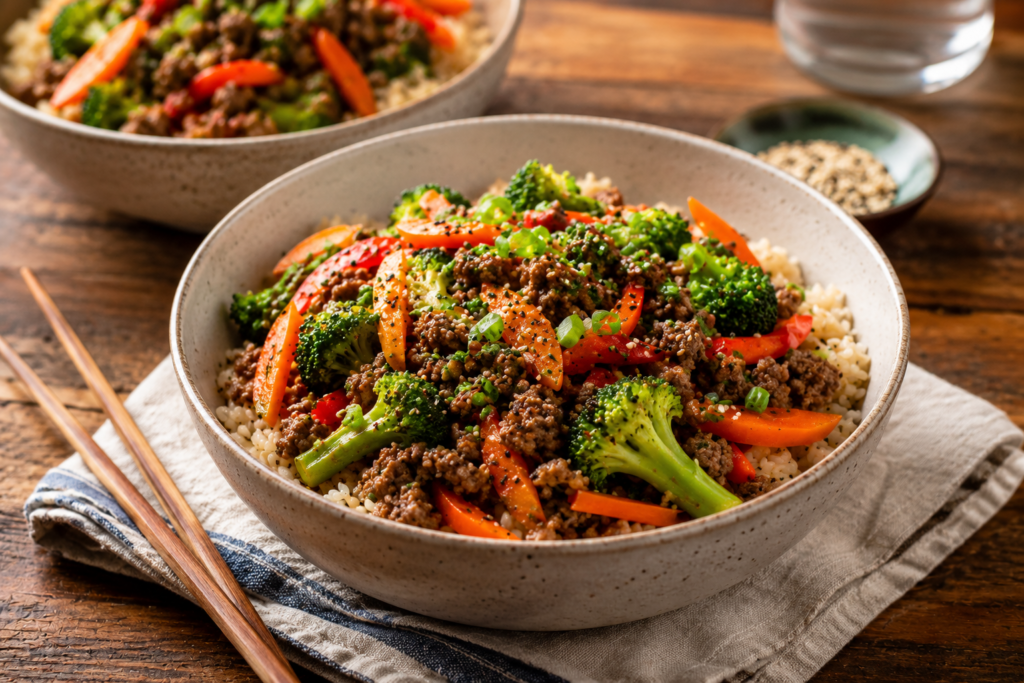 Savory stir-fry rice bowl close-up