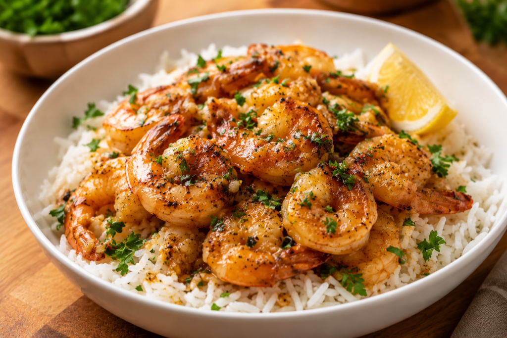 Shrimp and rice with garlic butter